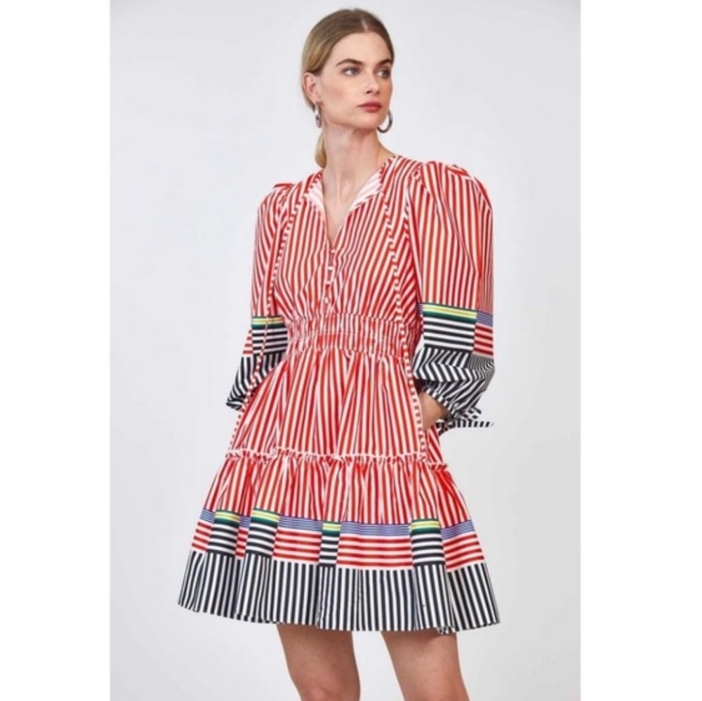 HUNTER BELL Red, Black, White and Multicolor Striped Mini Dress